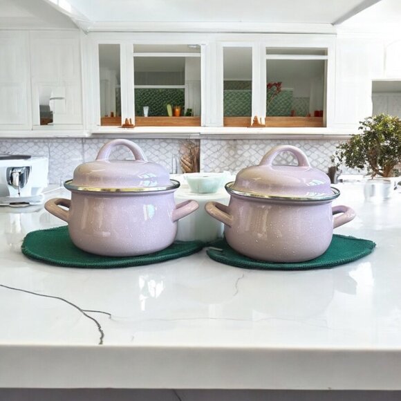 Crofton Enamelware Mini Dutch Ovens 1 Qt Set of 2 Lavender Purple Soup Pots Lids - Picture 1 of 6